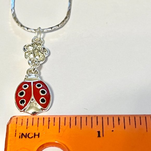 Silver Red Ladybug Pendant Necklace Crystal Plated 18" Chain Insect Enamel - Picture 11 of 12